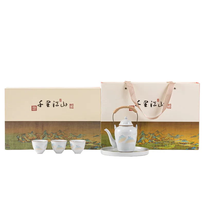 Qianlijiang Camellia Set Lift Pot Three Cups With Plate Kung Fu Tea Set Ceramic Tea Set