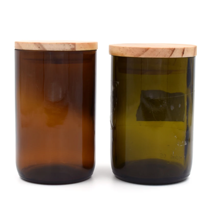 
Wholesale decorative glass candle jar amber with wooden lid 