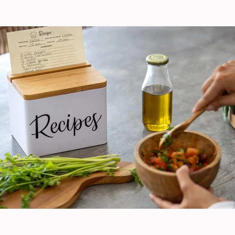 Recipe Box With Cards and Dividers & Bamboo Lid For Phone Holder & Recipe Card Metal Recipes Tin Box