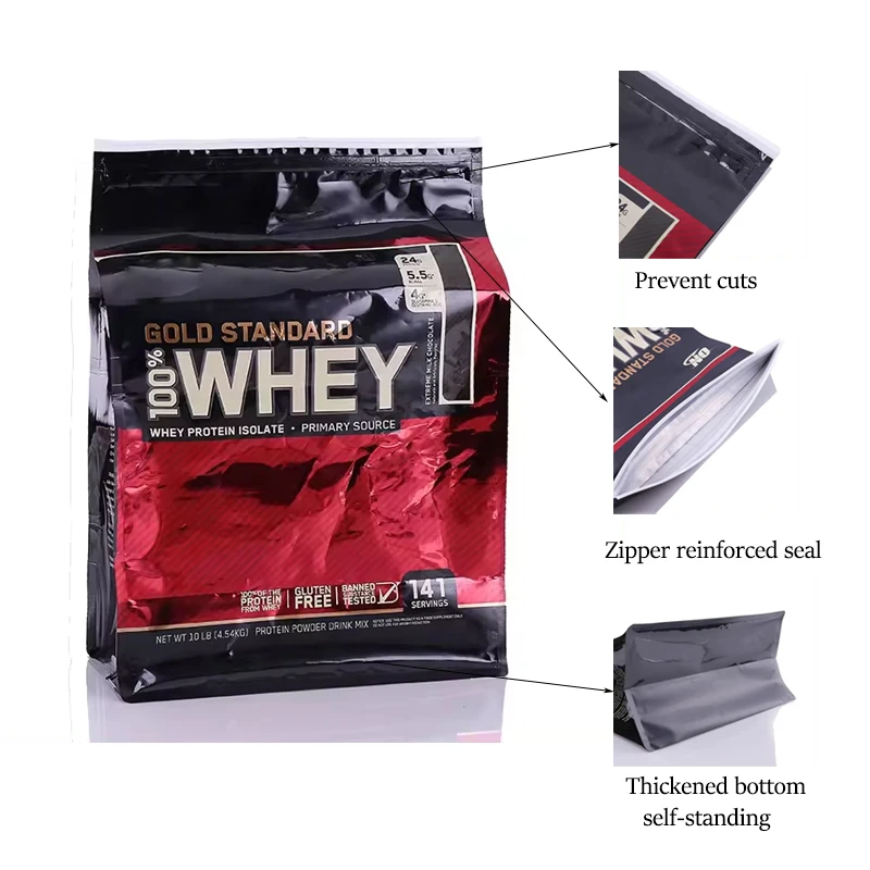 Wholesale Custom Printed Aluminum Foil Laminated Zipper Top Flat Square Bottom Bag Food Grade Whey Protein Powder Packaging Bag