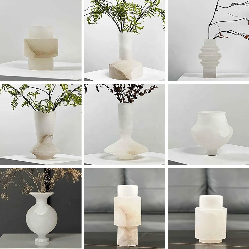 stonekocc Spanish Alabaster White Marble Stone Flower Vase Arrangement Room Hotel Bookcase Furnishings Decorative Ware Crafts