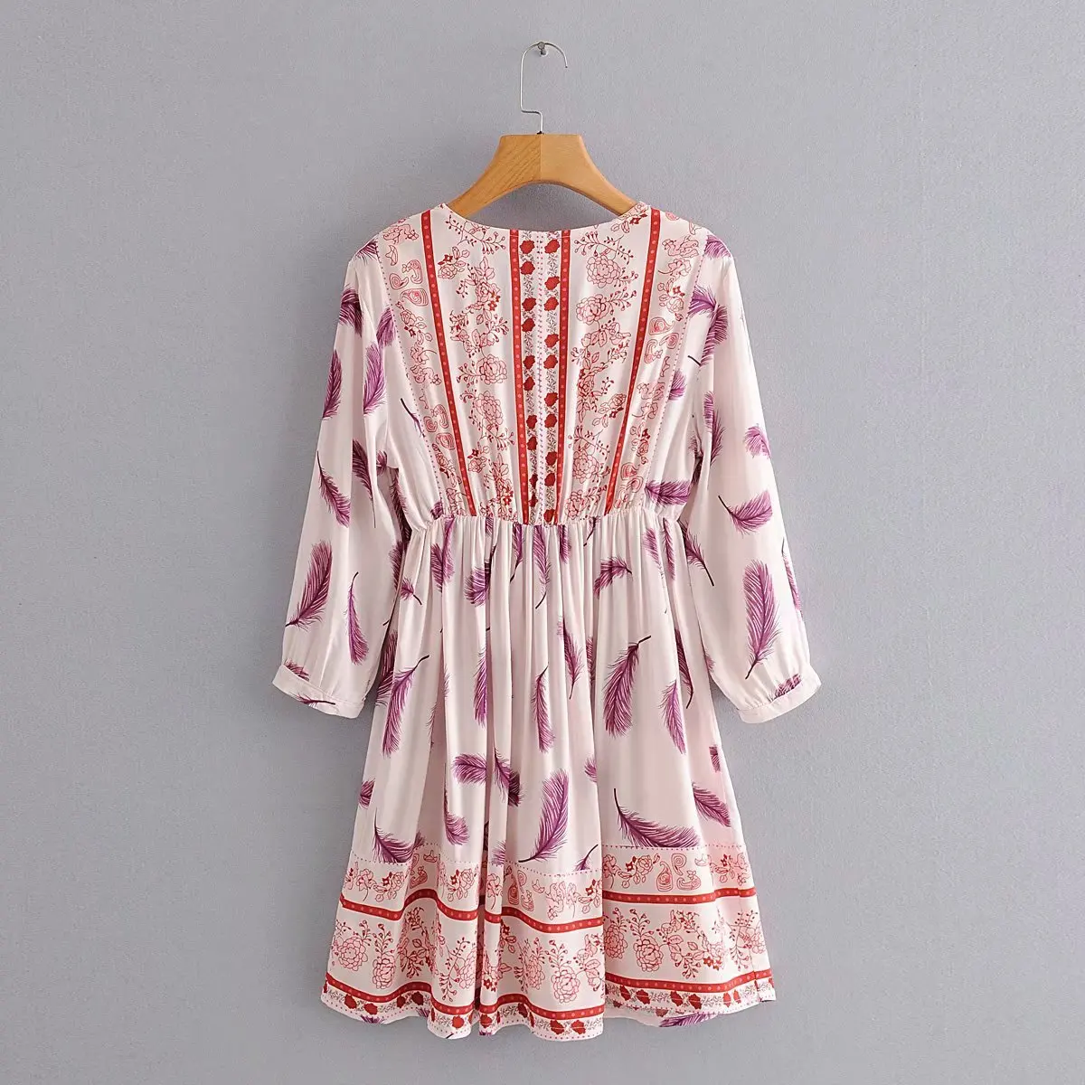 Summer New Bohemian Feather Floral printed Women Casual Dress Lady Holiday Style V-neck Button Long Sleeves Short Midi Dress