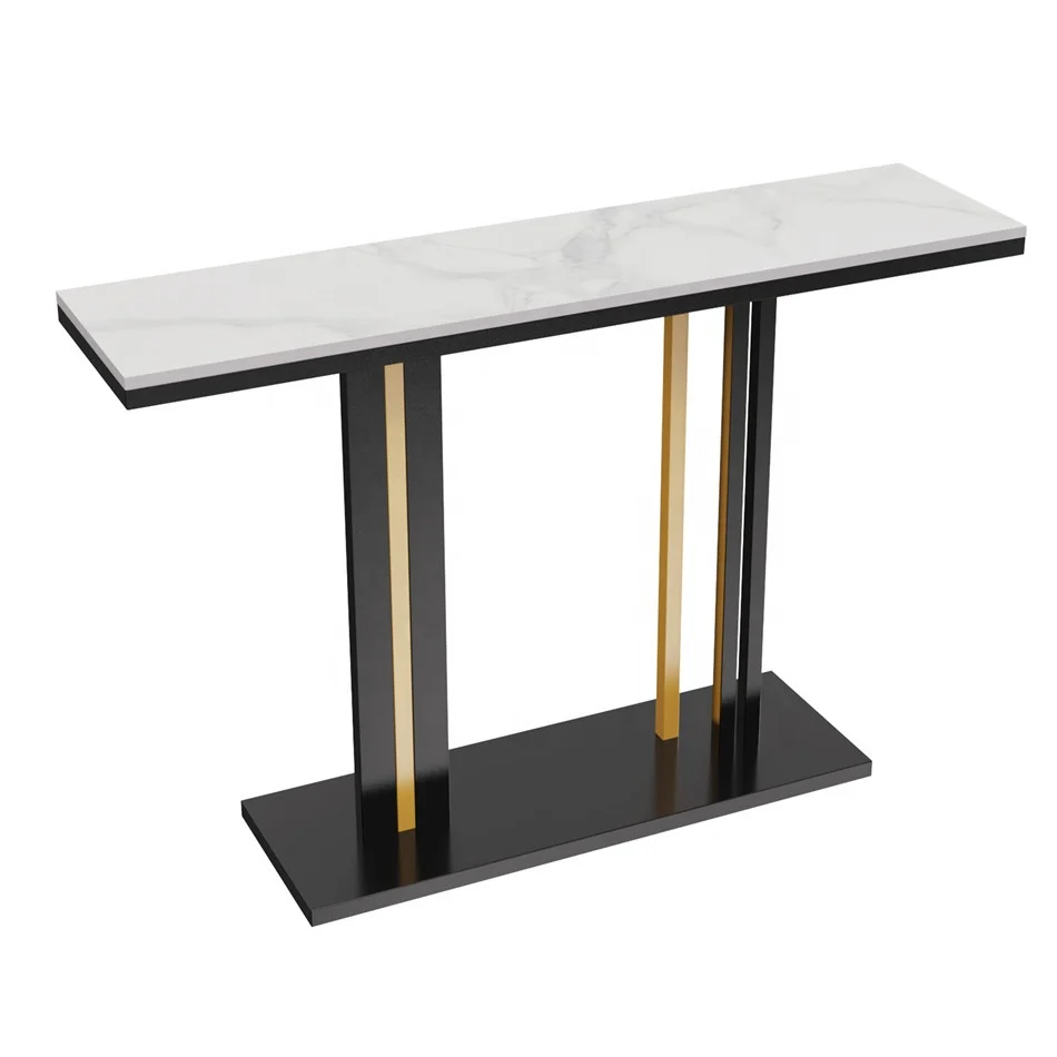 120CM Modern White Marble Tabletop TV Console Table Entryway Porch Table de Console with Black Legs
