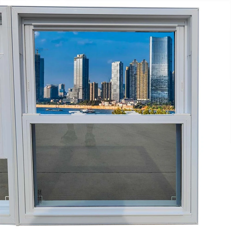 Low factory price custom color soundproof double glass upvc doubles hung window with net