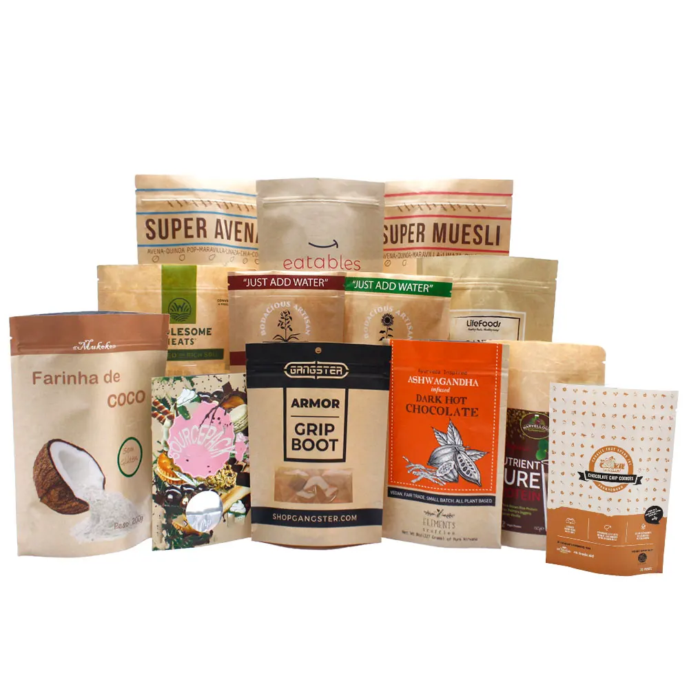 Eco Friendly Seed Nut Dried Fruit Snack Powder Doypack Ziplock Standing Pouch Food Packaging Kraft Paper Bag with Zipper