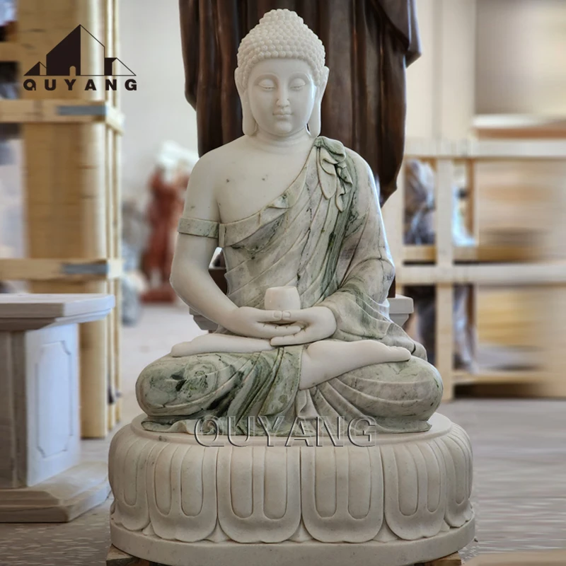 QUYANG Outdoor Garden Hand Carving Life Size White Stone Marble Sitting Buddha Statue Sculpture For Sale