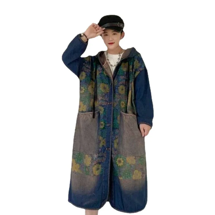 New Style Loose Long Overcoat For Women Spring And Autumn Vintage Printing Hooded Coat  Women Plus Size Coats