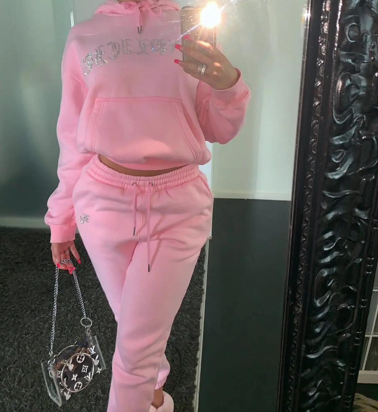 2021 Hot Sale Plus Size Pink Long Sleeve Tracksuits Diamond Joggers Pants Hoodies for Women Tracksuit Set Sweatsuit