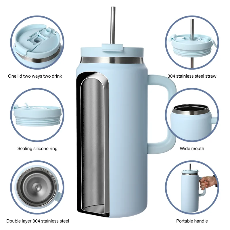ODM 64oz Eco-friendly Sports Food Grade Stainless Steel Vacuum Insulated Coffee Tumbler Travel Mug with straw and handle and lid