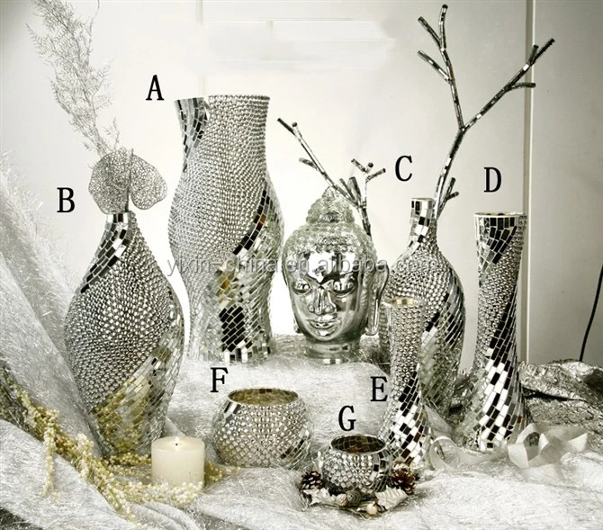 Europe Style Home Decor Handmade Craft Crackle Silver Mosaic Glass Vase Set Wholesale