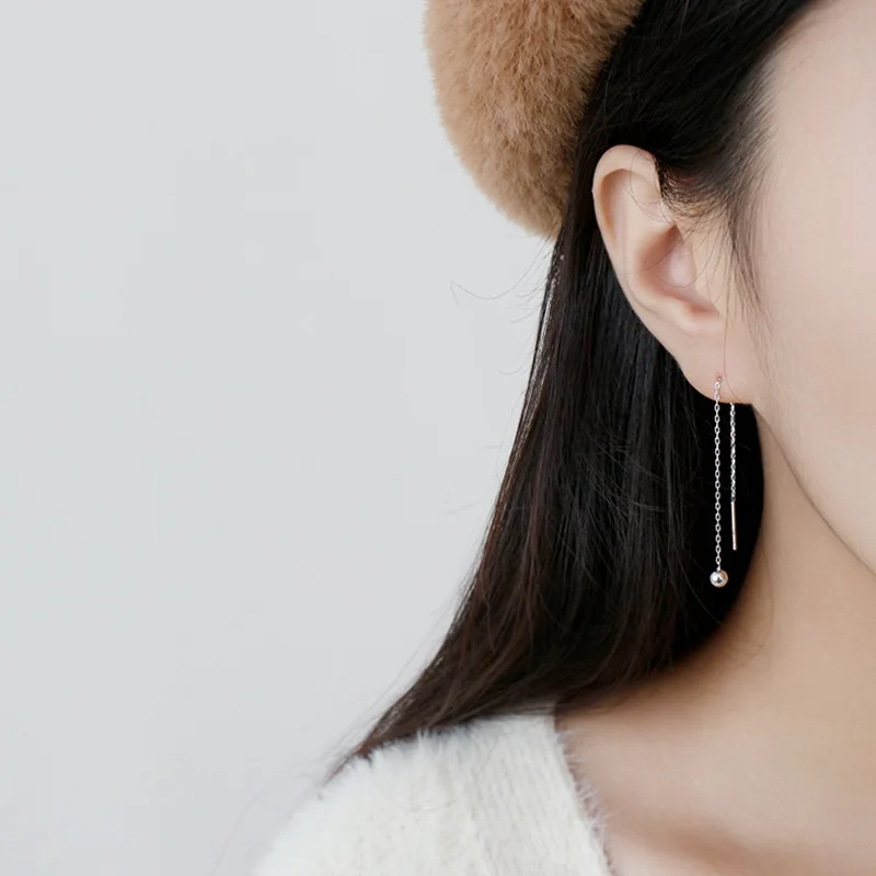 S925 silver fashion women wire long earrings simple women chain wire bead drop  long earrings