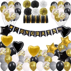 Hot sale graduation season balloon party set black gold fish tail pull flag paper flower ball tassel gold sequins