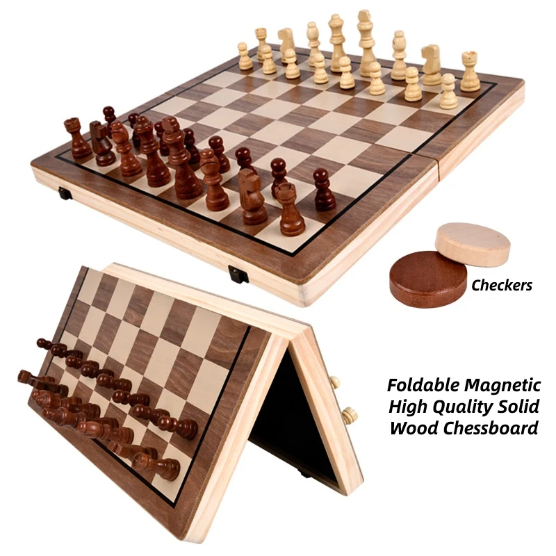 2-in-1 Folding Chessboard Checkers Magnetic Chess Pieces Backgammon Game Walnut Wood Veneer Foldable Flocking Extra Queens