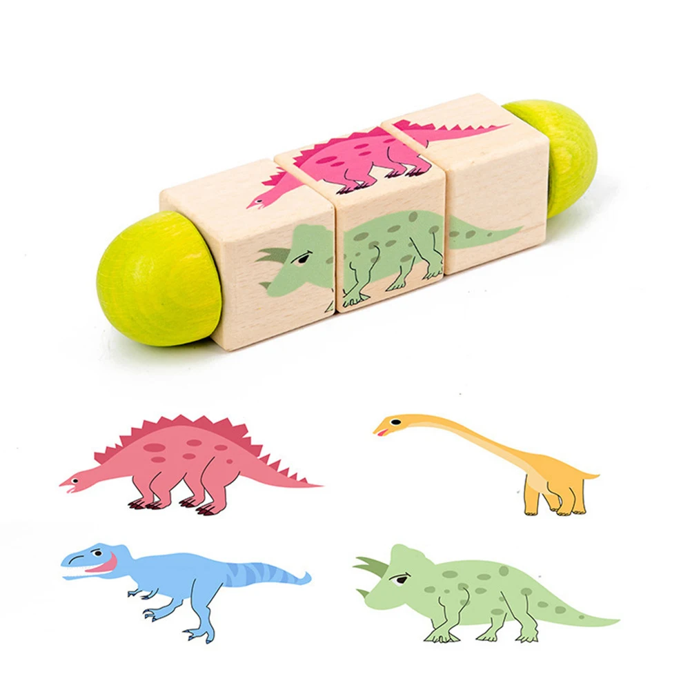 early childhood education educational toys Rotating jigsaw puzzle wooden animal four sided  cube building blocks