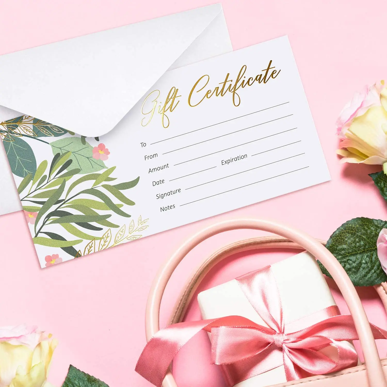 25Pcs Gold Foil Blank Gift Certificate Cards with Envelopes Business Custom for Client Vouchers Birthday Work Gift