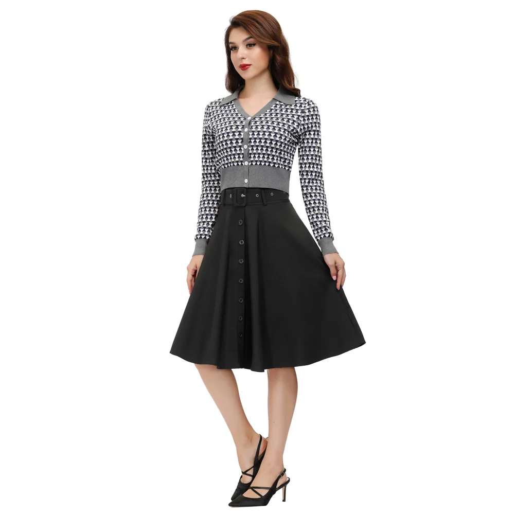 Belle Poque BP000571 Womens Buttons Decorated Flared A-Line Skirt With Belt Pockets Knee Length Vintage Skirts