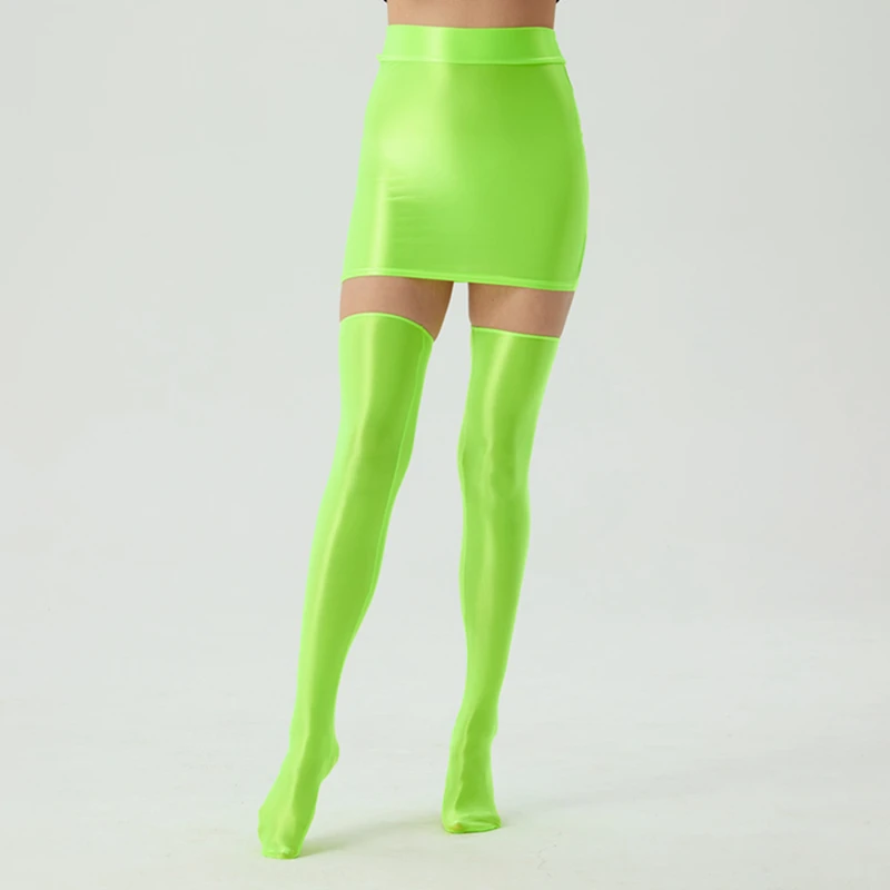 Channel 9 Colors Ultra Oil Shiny Glossy Matching Bodycon Short Club Skirt And Thigh High Socks outfit