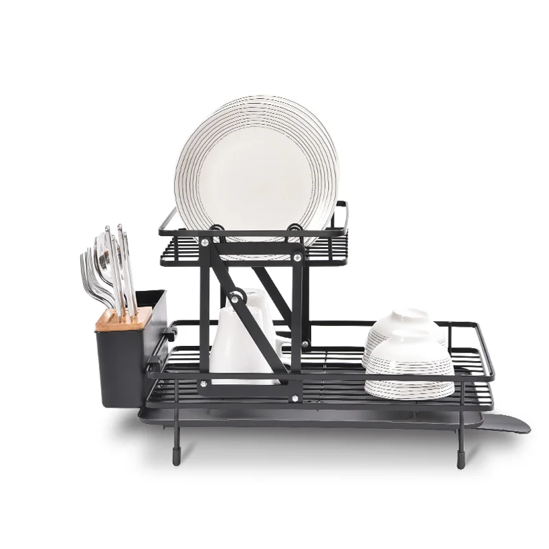 kitchen bamboo utensils flatware holder folding 2 tier collapsible drainer foldable drying dish rack