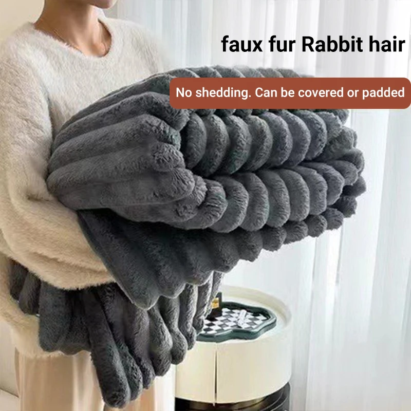 Multipurpose 100% Polyester Fiber Faux Fur Rabbit Hair Striped Throw Blanket Plush Baby Sofa Blanket for Office Nap