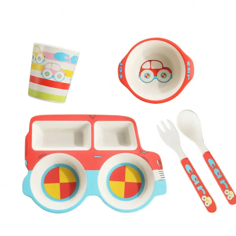 No. 1  Cute Cartoon Car Pattern Eco Friendly Bamboo Fiber Children Tableware Set Unbreakable Plates Bowl Dishes Set