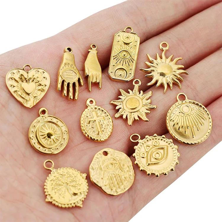 S1213  Vintage 18K Gold Plated Stainless Steel Religious Jewelry Supplies Moon and Sun Evil Eyes Hamsa Hand Disc Charm Pendants