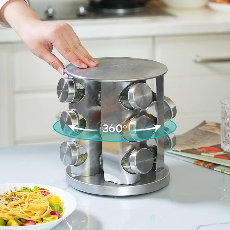 stainless steel multi-layer seasoning storage 16 glass spice bottle jars with metal airtight cover and rotating rack set