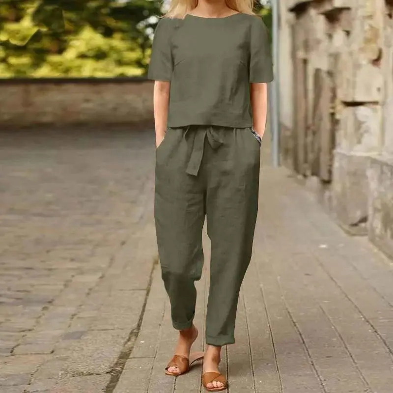 new Cotton and linen summer suit half-sleeved round neck oversized smock broadleg trousers vintage home wear suit