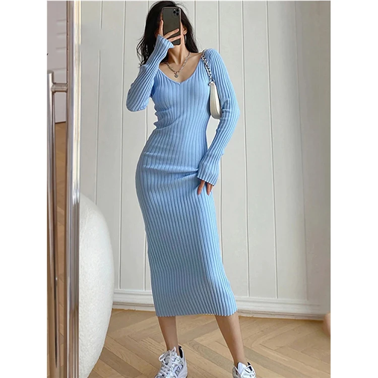 Women Autumn Knitted Dress V Neck Sexy Basic Bodycon Sweater Dress Winter knit Warm Long Dress