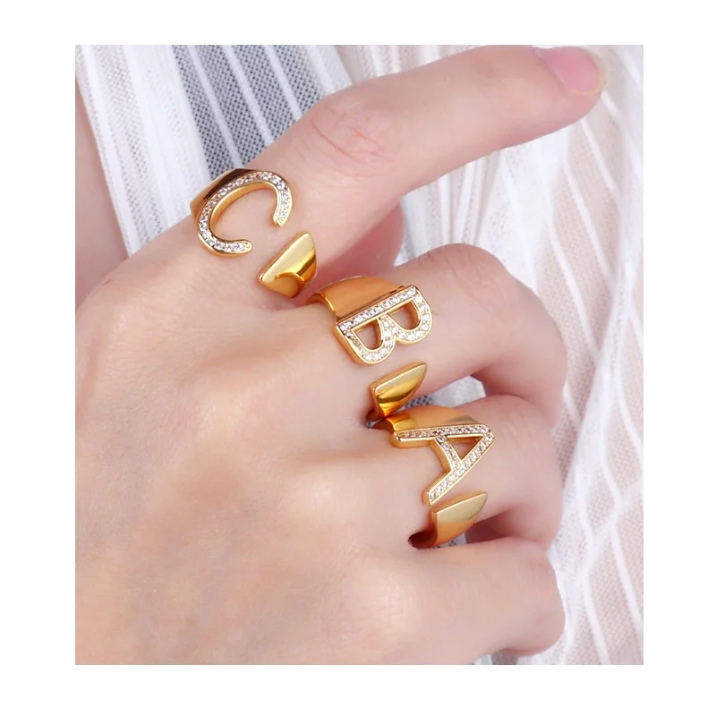 New 26 English Letter Rings Women Fashion Simple Opening  Micro Zircon Ring Factory Wholesale
