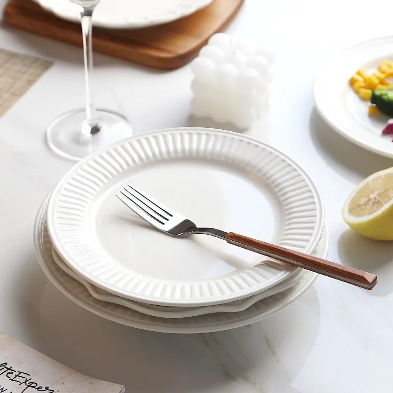 French Ceramic Embossed Tableware Plates Combination Tableware Household Full Set Creative Western Pasta Plate Soup Bowl