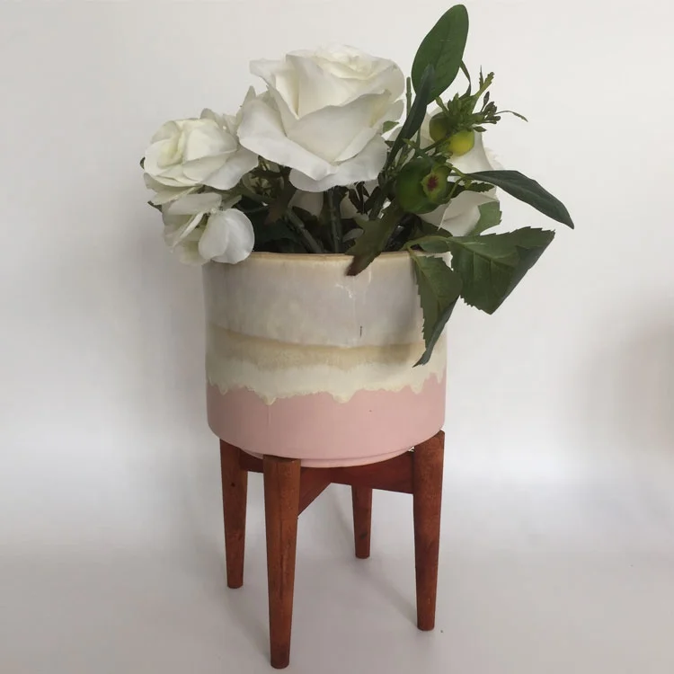 Wholesale Metal Stand Glazed Pink Flower Vases Stoneware Porcelain Ceramic Planter Flower Succulent Cactus Vase Pots