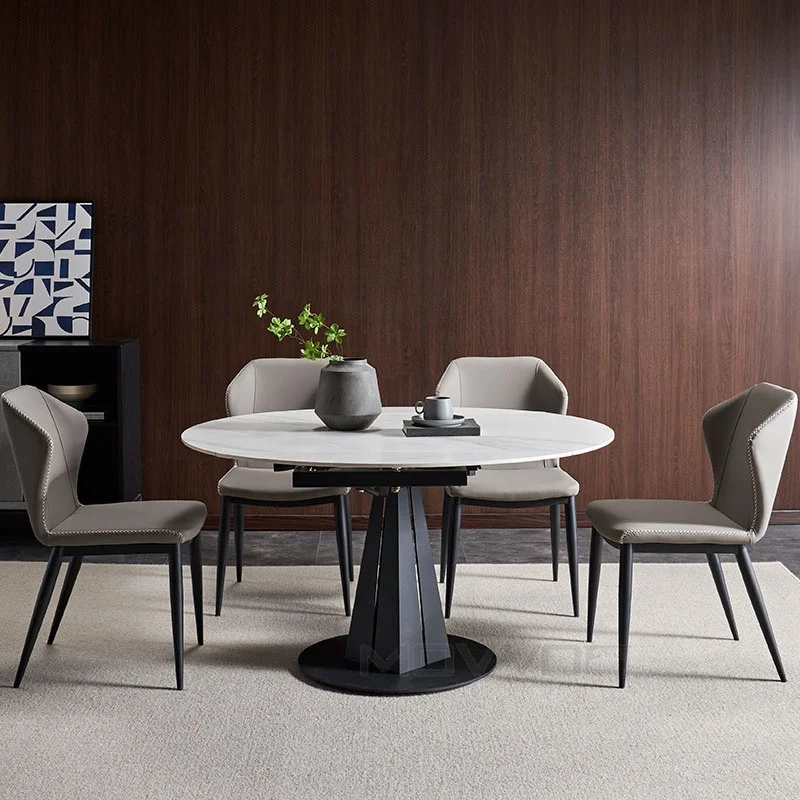 Hot selling direct factory stone top black steel painted base rotating modern round expandable dining room table