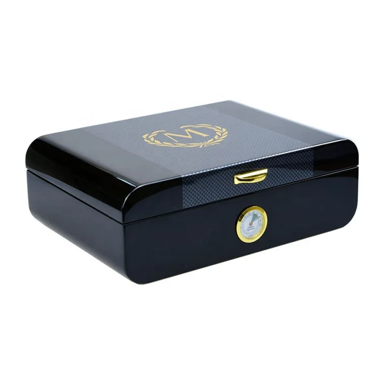 black high gloss carbon fiber desktop cedar wood cigar box humidor