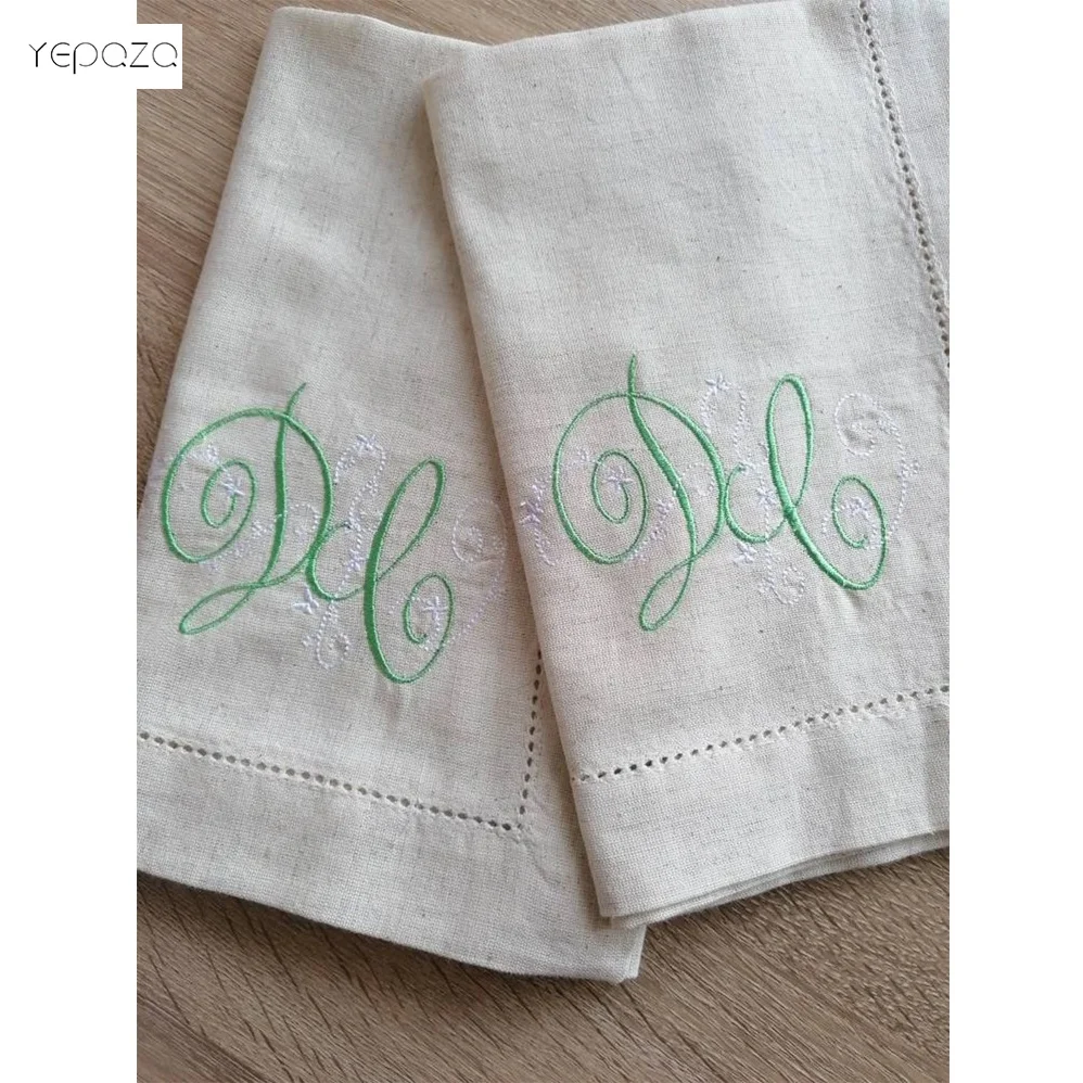 Factory price best selling custom Monogrammed design embroidery white cotton hemstitched cocktail napkin for promotion
