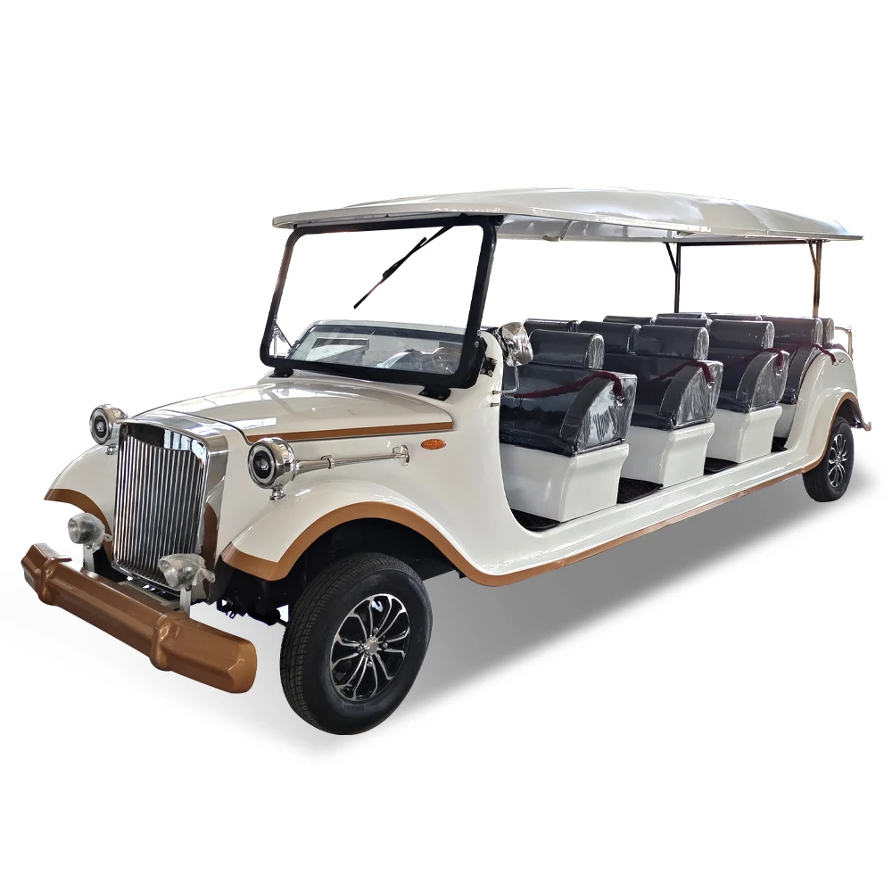 The square-head vintage classic car with golden trim in pure white, offering 6-14 seats,  and equipped with a lithium battery.