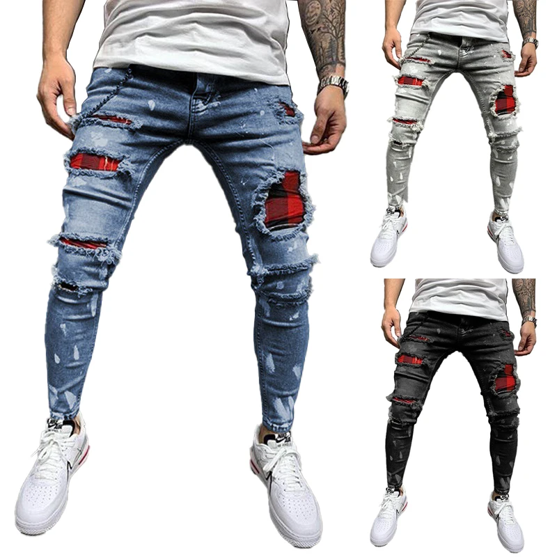 
New Men Ripped patch elastic biker Skinny jeans Streetwear hip hop male Solid cotton Jogger denim trousers 