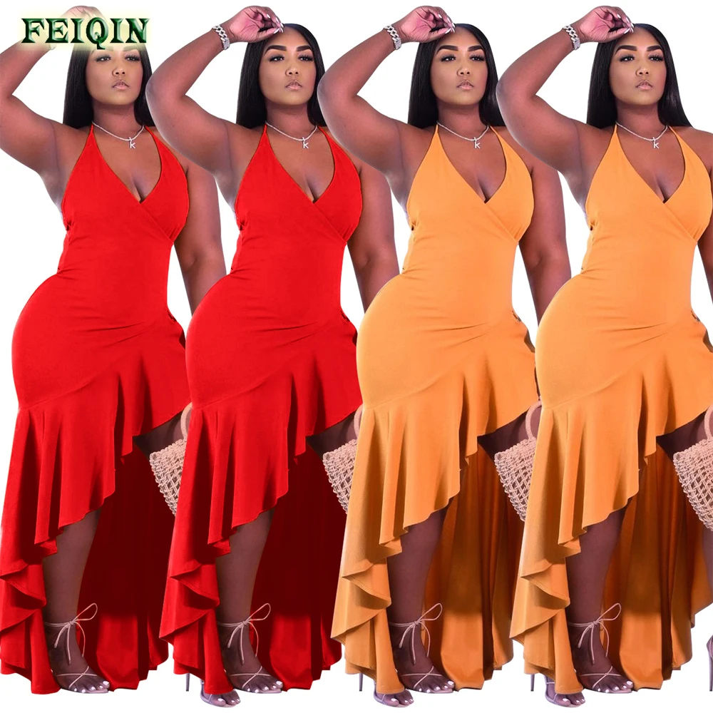 2022 Trending Solid Colors Slit Ruffle Dress Sexy Slip V Neck Bandage Backless Long Dress Women Peplum dress