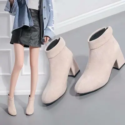 Новинка Осень-зима HLS323, короткие ботинки на толстом каблуке, замшевые корейские ботинки на молнии сзади, женские зимние ботинки