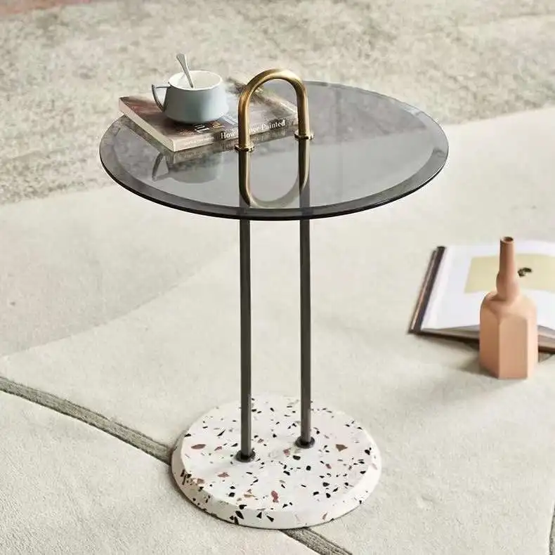 JS A54 Modern Terrazzo Small Coffee Table Series Sofa Side Gray Glass Top Tea Table With Black U-Shaped SS Tulip Tub