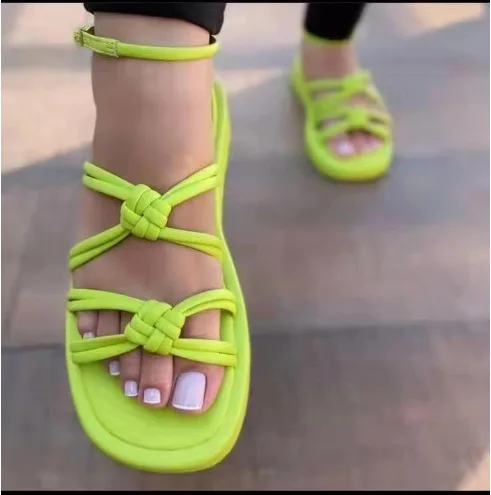 KF-95 2023 Creative summer shoes designs plain candy colors Knotted rope sandals for women ankle wrap flat beach sandals