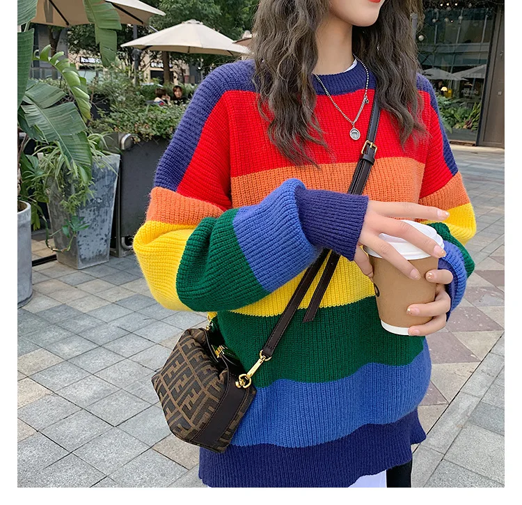 Fashion knit rainbow sunlight stripe pattern loose colorful sweaters for women monki jumper