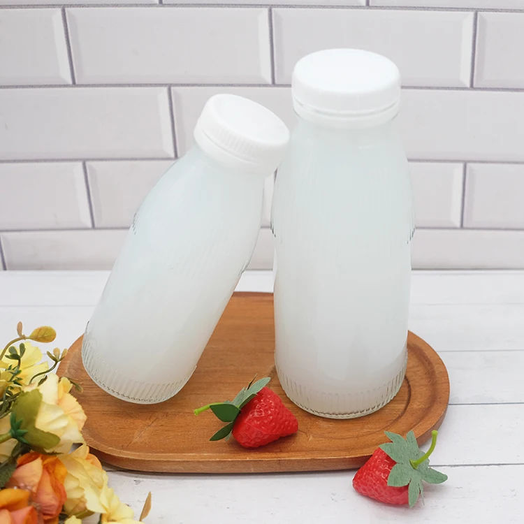 300ml 500ml Food Grade glass bottles Round MilkJars With Lids Clear milk bottle Holder With Plastic Lids custom labels supported