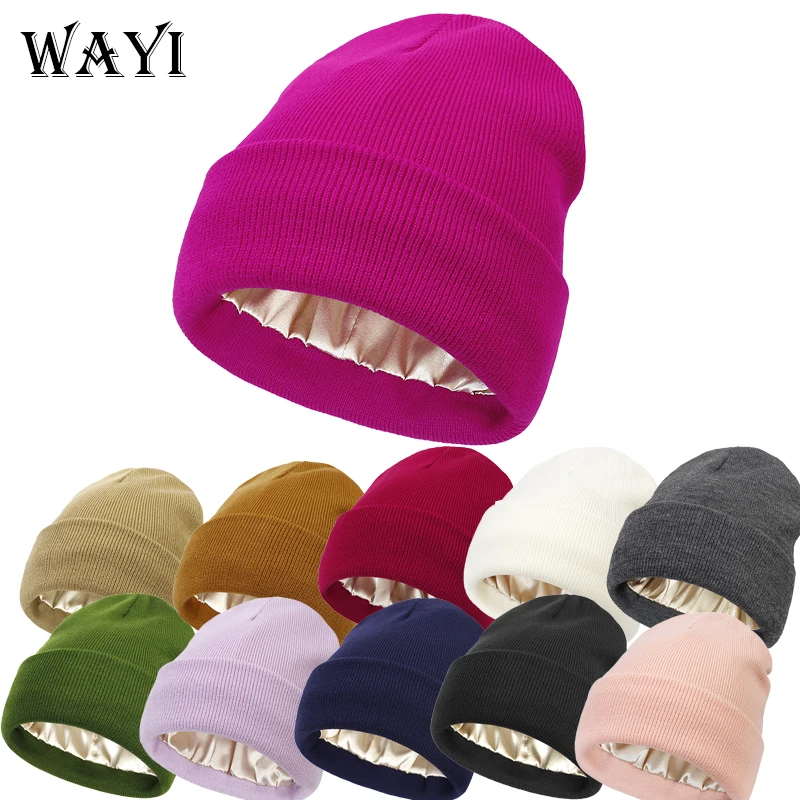 Low MOQ Wholesale 100% Acrylic Winter Hat Custom Cuffed Silk Satin Lined Knitted Beanie Unisex Cap Keep Warm Skull Pattern
