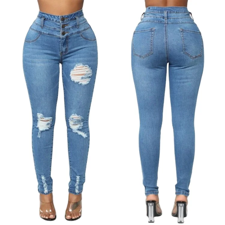 
 High Waist Button Fly Super Stretch Ladies Destroyed Skinny Denim Pencil Pants Jeans Women  