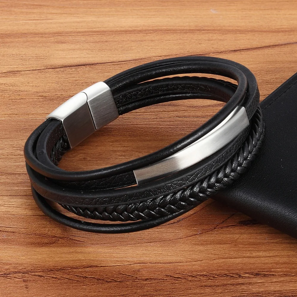 HOT Selling Multi Leather Bracelet For Men With Magnetic Clasp Stainless Steel Wristband Plan Bar For Personal Engrave Bracelet