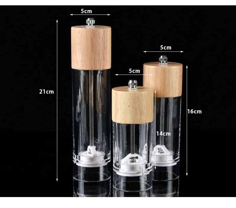 Manual acrylic wood salt and pepper grinders mills set with adjustable ceramic core suitable for BBQ,family dinner kitchen