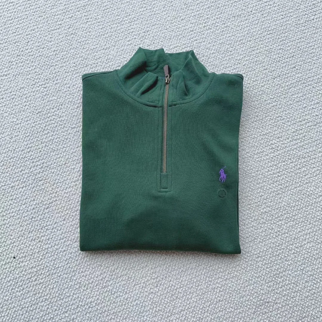Men/women little horse embroidery half-zipper turtleneck long-sleeved knit hoodie stand collar loose top solid color pullover