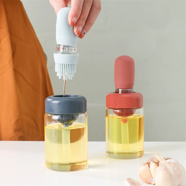 J709 Kitchen Cooking Baking BBQ Tools Glass Oil Dispenser Vinegar Bottle 2 in 1 Glass Oil Bottle With Silicone Brush