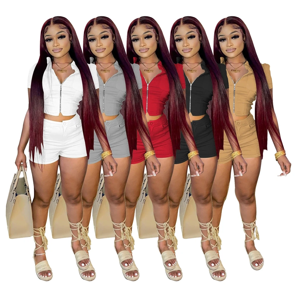 2022 Women Summer Sets Two Piece Jacket And Shorts Set Plain Blank 2 Piece Biker Short Set For Ladies