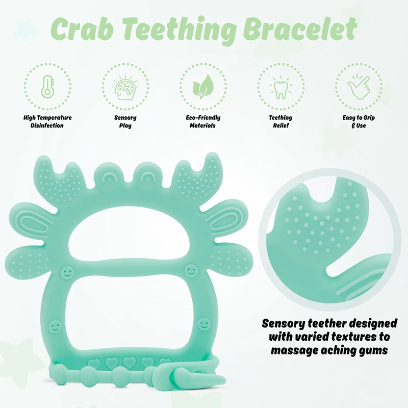 BPA Free Pink Adjustable Strap Anti Droppi Fun Crab Design Silicone Baby Wrist Teether Bracelet Sensory Teething Toy for Infants